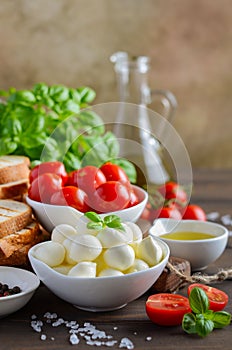 Italian food ingredients Ã¢â¬â mozzarella, tomatoes, basil and olive oil on rustic wooden table.